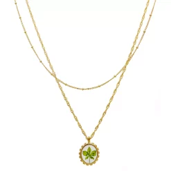 Bella Uno Gold Tone Genuine Pressed Green Flower Layered Pendant Necklace