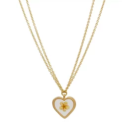 Bella Uno Gold Tone Genuine Pressed Pink Flower Heart-Shaped Pendant Necklace