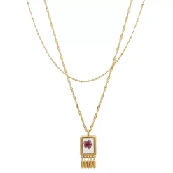 Bella Uno Gold Tone Genuine Pressed Purple Flower Layered Pendant Necklace