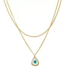 Bella Uno Gold Tone Pressed Blue Genuine Flower Layered Pendant Necklace