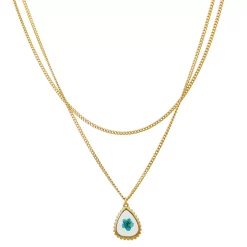 Bella Uno Gold Tone Pressed Blue Genuine Flower Layered Pendant Necklace